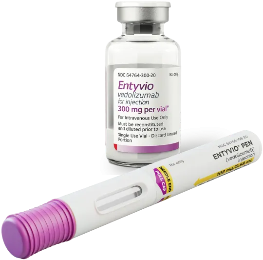 ENTYVIO 300 mg infusion vial and ENTYVIO 108 mg injection pen.