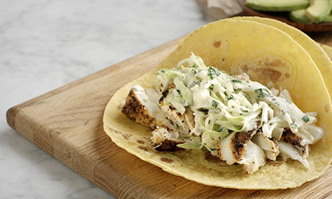 Grilled Halibut Tacos with Cabbage Slaw Recipe.