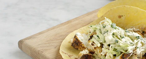 Grilled Halibut Tacos with Cabbage Slaw Recipe.